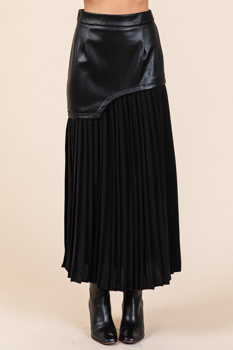 High Waist Pleated Hem Faux Leather Midi Skirt RolyPoly Apparel