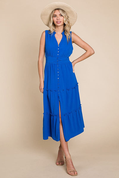 Sleeveless V neck Button Down Tiered Midi Dress