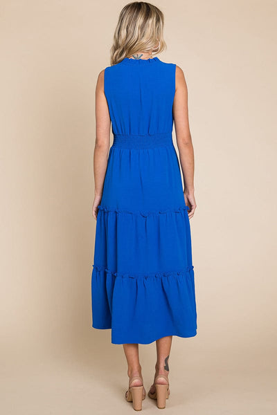 Sleeveless V neck Button Down Tiered Midi Dress