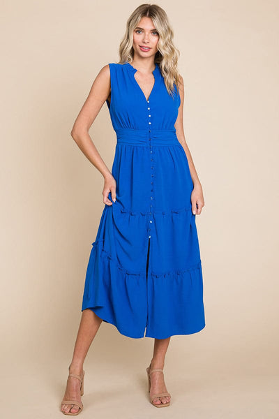 Sleeveless V neck Button Down Tiered Midi Dress