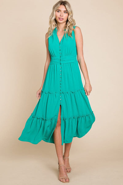 Sleeveless V neck Button Down Tiered Midi Dress