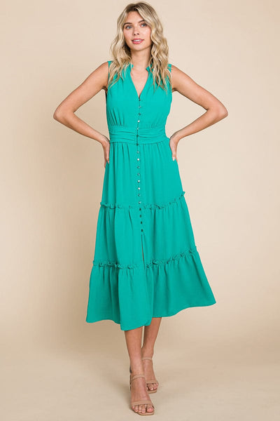 Sleeveless V neck Button Down Tiered Midi Dress