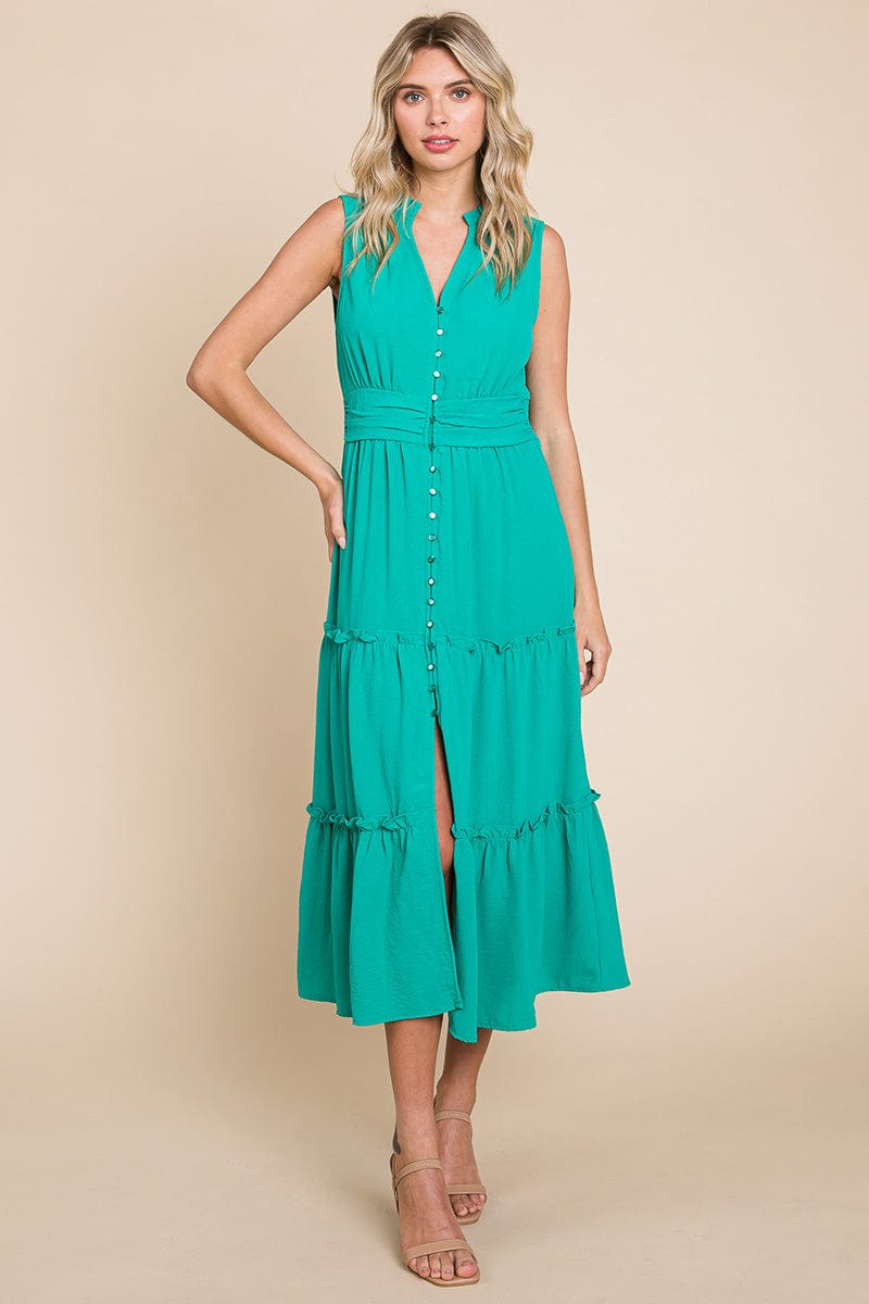 Sleeveless V neck Button Down Tiered Midi Dress