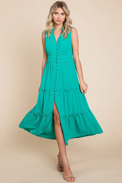 Sleeveless V neck Button Down Tiered Midi Dress