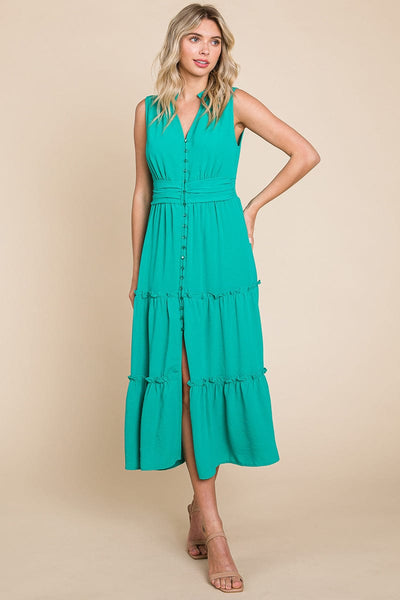 Sleeveless V neck Button Down Tiered Midi Dress