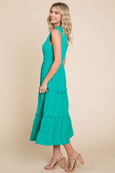 Sleeveless V neck Button Down Tiered Midi Dress