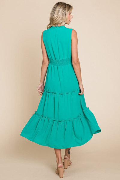 Sleeveless V neck Button Down Tiered Midi Dress