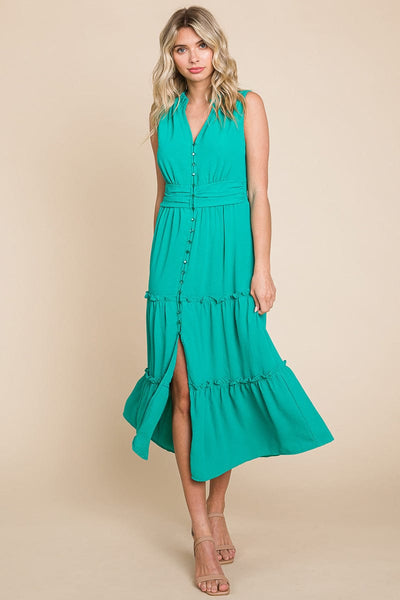 Sleeveless V neck Button Down Tiered Midi Dress