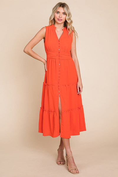 Sleeveless V neck Button Down Tiered Midi Dress