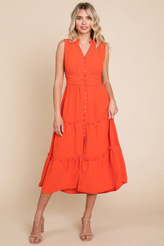 Sleeveless V neck Button Down Tiered Midi Dress