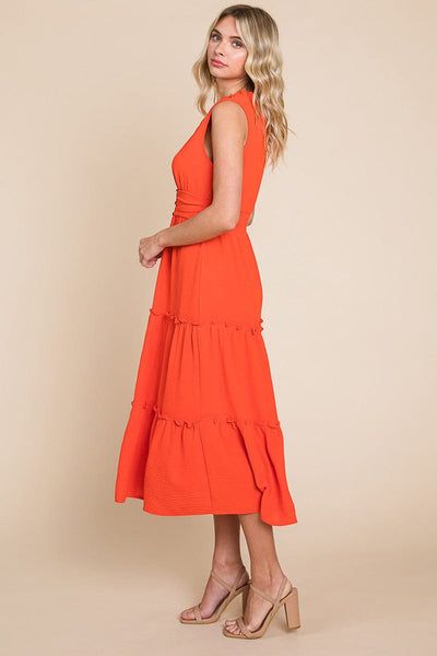 Sleeveless V neck Button Down Tiered Midi Dress