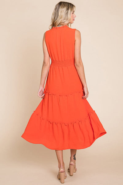 Sleeveless V neck Button Down Tiered Midi Dress