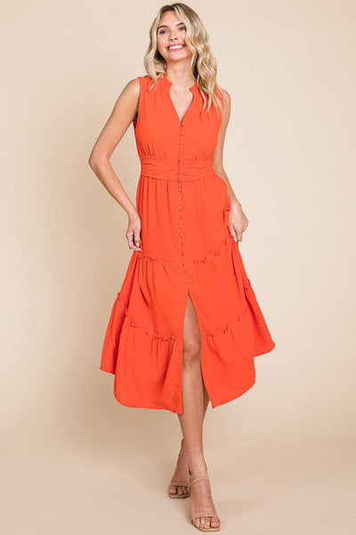 Sleeveless V neck Button Down Tiered Midi Dress