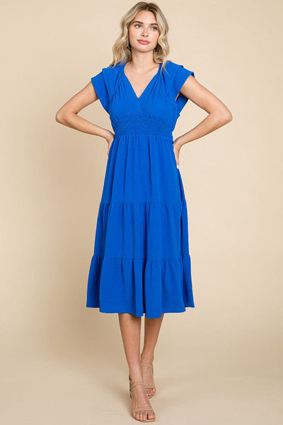 Ruffle Cap Sleeve Tiered Smocked Midi Dress