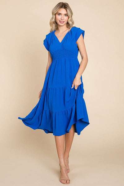 Ruffle Cap Sleeve Tiered Smocked Midi Dress