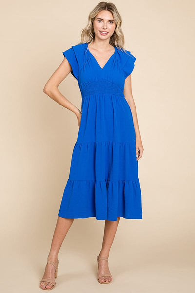 Ruffle Cap Sleeve Tiered Smocked Midi Dress