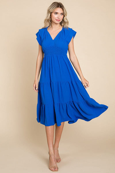 Ruffle Cap Sleeve Tiered Smocked Midi Dress