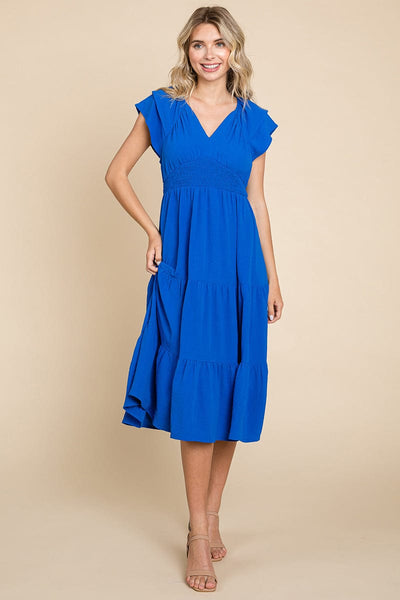 Ruffle Cap Sleeve Tiered Smocked Midi Dress