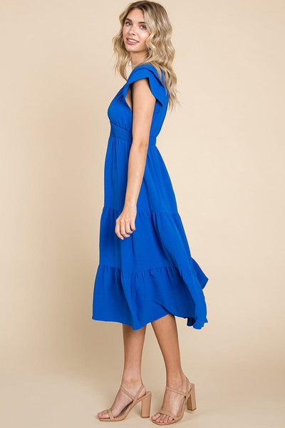 Ruffle Cap Sleeve Tiered Smocked Midi Dress