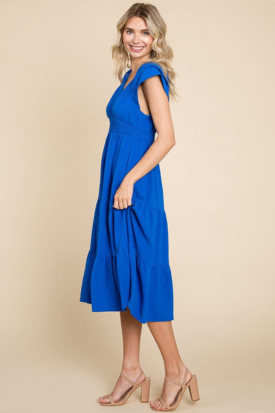 Ruffle Cap Sleeve Tiered Smocked Midi Dress