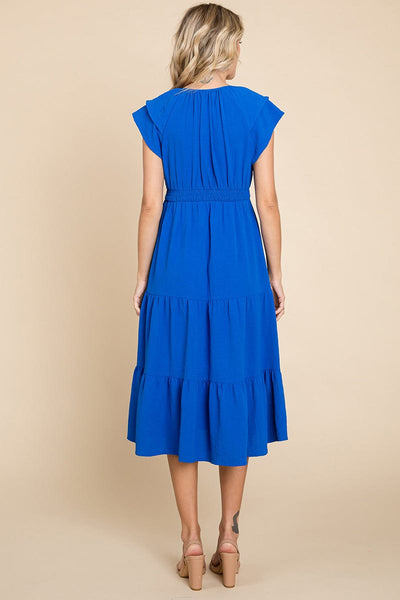 Ruffle Cap Sleeve Tiered Smocked Midi Dress