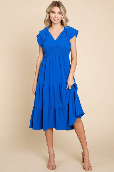 Ruffle Cap Sleeve Tiered Smocked Midi Dress