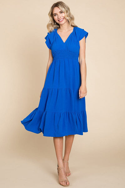 Ruffle Cap Sleeve Tiered Smocked Midi Dress