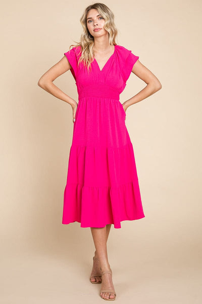 Ruffle Cap Sleeve Tiered Smocked Midi Dress