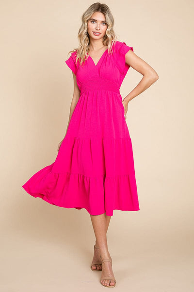 Ruffle Cap Sleeve Tiered Smocked Midi Dress