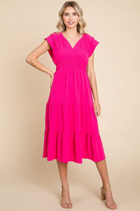 Ruffle Cap Sleeve Tiered Smocked Midi Dress