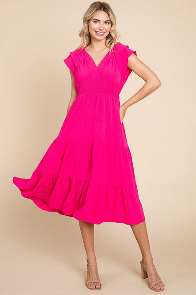 Ruffle Cap Sleeve Tiered Smocked Midi Dress