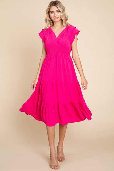 Ruffle Cap Sleeve Tiered Smocked Midi Dress