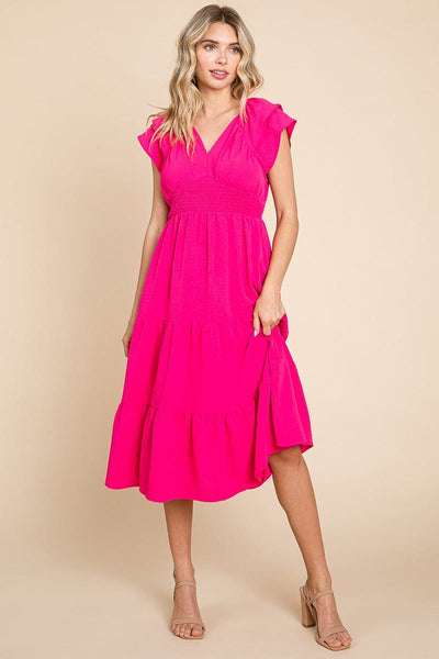 Ruffle Cap Sleeve Tiered Smocked Midi Dress