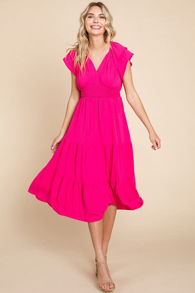 Ruffle Cap Sleeve Tiered Smocked Midi Dress