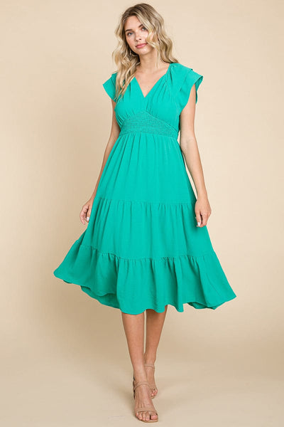 Ruffle Cap Sleeve Tiered Smocked Midi Dress