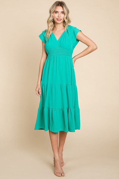 Ruffle Cap Sleeve Tiered Smocked Midi Dress