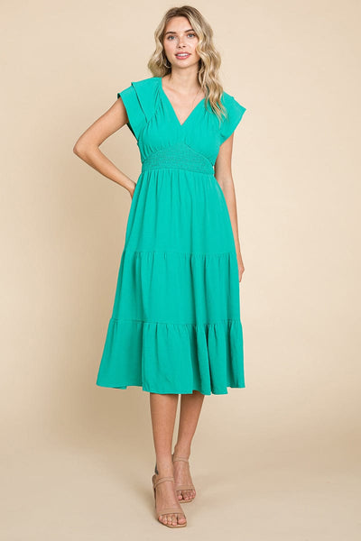 Ruffle Cap Sleeve Tiered Smocked Midi Dress