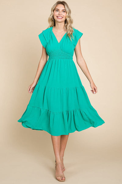 Ruffle Cap Sleeve Tiered Smocked Midi Dress