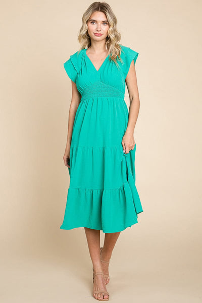 Ruffle Cap Sleeve Tiered Smocked Midi Dress