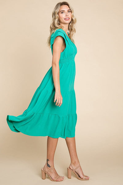 Ruffle Cap Sleeve Tiered Smocked Midi Dress