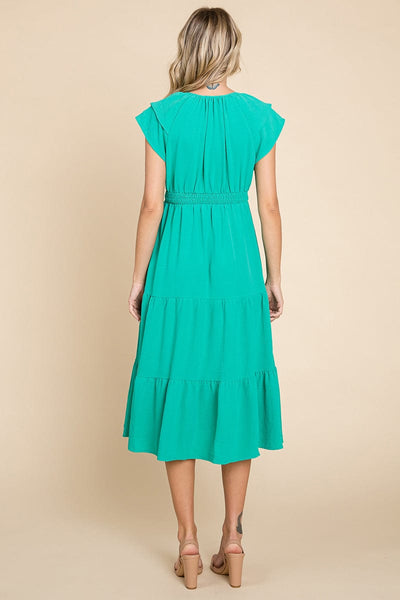 Ruffle Cap Sleeve Tiered Smocked Midi Dress