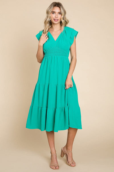 Ruffle Cap Sleeve Tiered Smocked Midi Dress