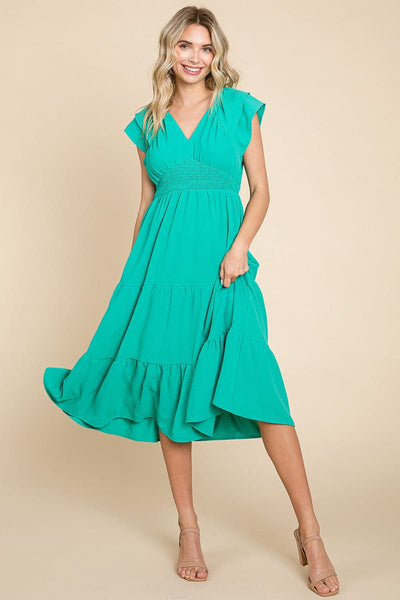 Ruffle Cap Sleeve Tiered Smocked Midi Dress