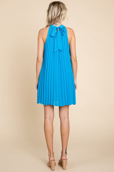 Pleated Halter Neck Mini Swing Dress