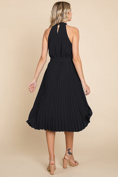 Pleated Self Tie Waist Halter Cocktail Dress, S-3X