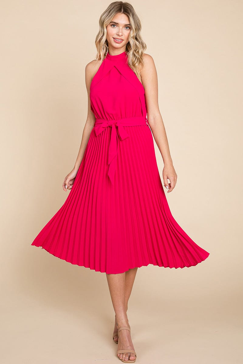 Pleated Self Tie Waist Halter Cocktail Dress, S-3X