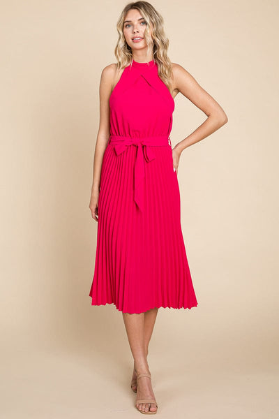 Pleated Self Tie Waist Halter Cocktail Dress, S-3X