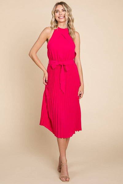 Pleated Self Tie Waist Halter Cocktail Dress, S-3X