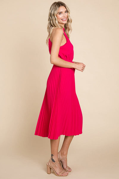 Pleated Self Tie Waist Halter Cocktail Dress, S-3X