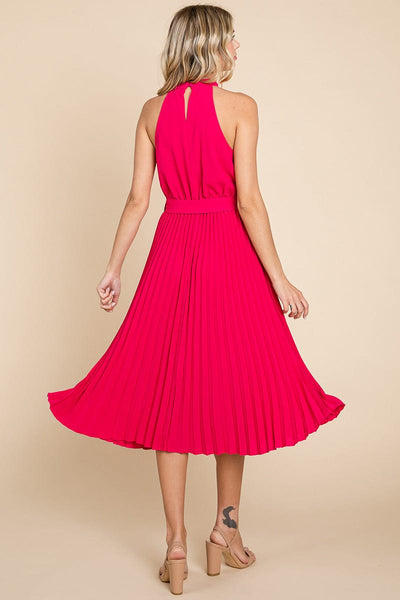 Pleated Self Tie Waist Halter Cocktail Dress, S-3X